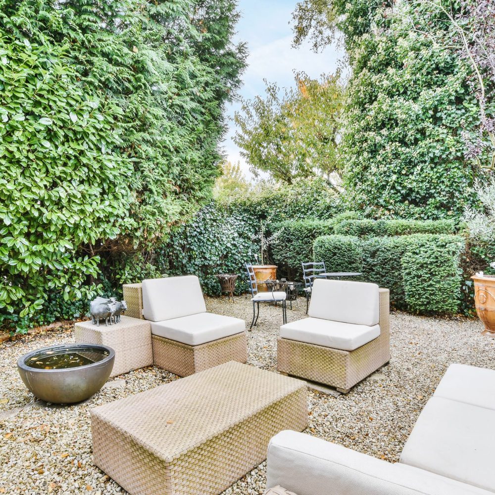 Beautiful backyard terrace full of furniture and decorative plants